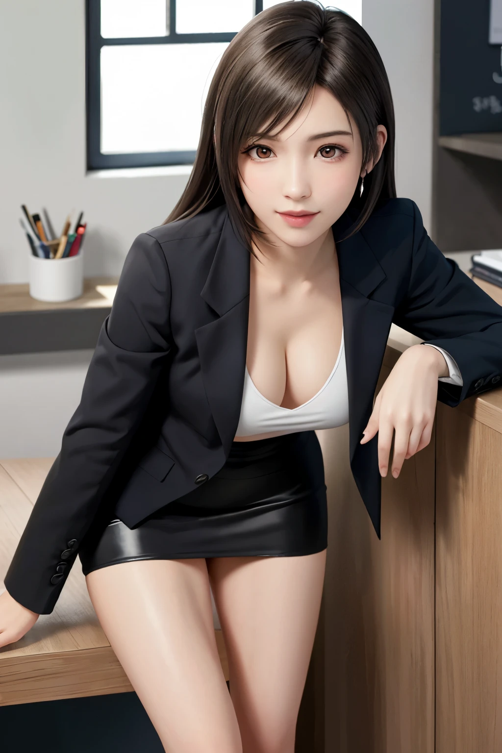 (top quality, masutepiece: 1.1), (Realistic: 1.3), BREAK (((FF7,Tifa_lockhart))),(solo,Tifa:1.2),(japanese ,gray tailored jacket,gray tailored pencil skirt,office suit:1.3) ,(office, indoor,coffee),(strong will,sexy pose:1.1),Ultra-detailed face, Detailed eyes,Red eyes, BREAK (((FF7,Tifa_lockhart))),(light brown hair, Large breasts: 1.2), BREAK (Small and beautiful hard nipple)  About 18 years old,kawaii,smile,face focus:1.5,making like she wants to kiss you,shy,blush,leaning forward,suggestive,sensual