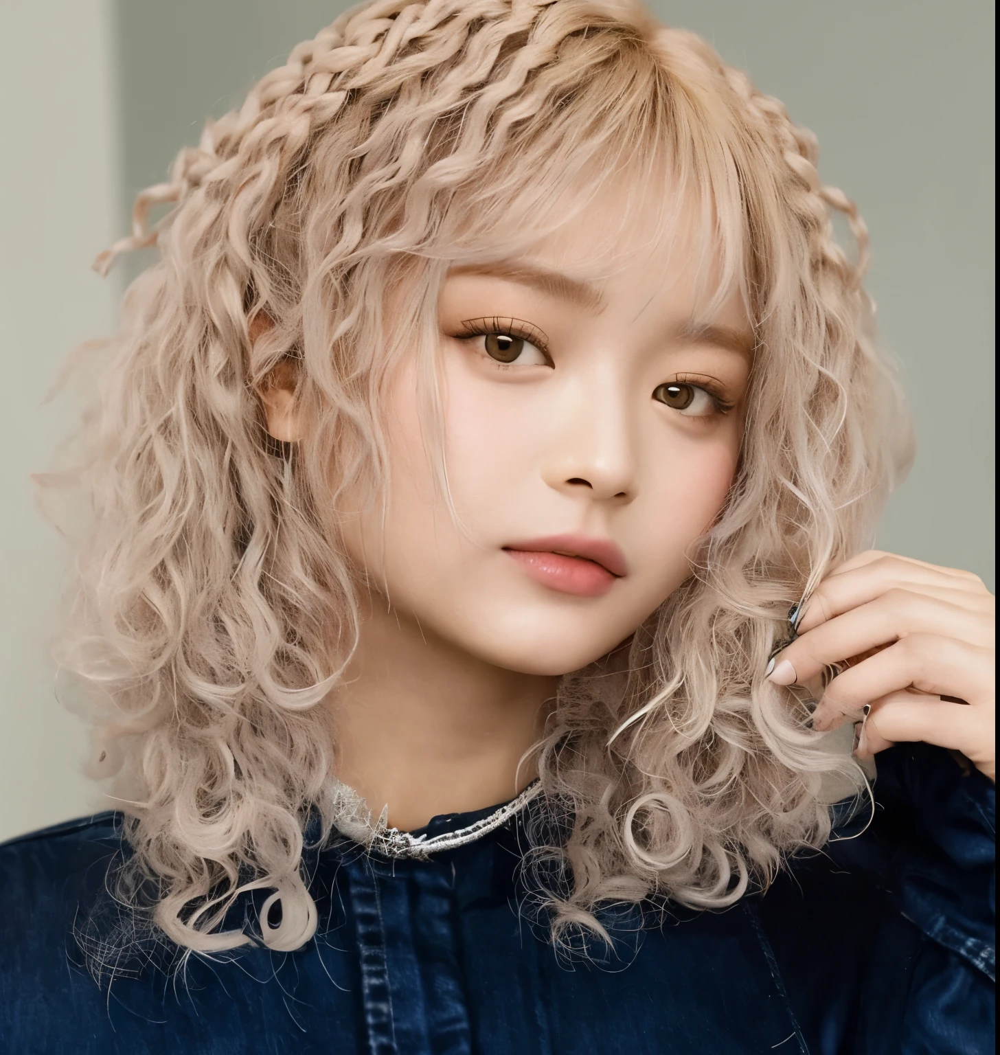 um close up de uma garota com um anel no dedo, loiro encaracoladoe hair, franja encaracolada, blonde Cabelo encaracolado, loiro encaracolado, short loiro encaracoladoe haired girl, very very loiro encaracolado hair, blond Cabelo encaracolado, loiro encaracoladoe hair, Corte de cabelo cacheado com parte do meio, loiro encaracolado hair, pale skin loiro encaracolado hair, Cabelo encaracoladoed, Cabelo encaracolado, Retrato de Hanni pham do Newjeans, Hanni pham do New jeans.