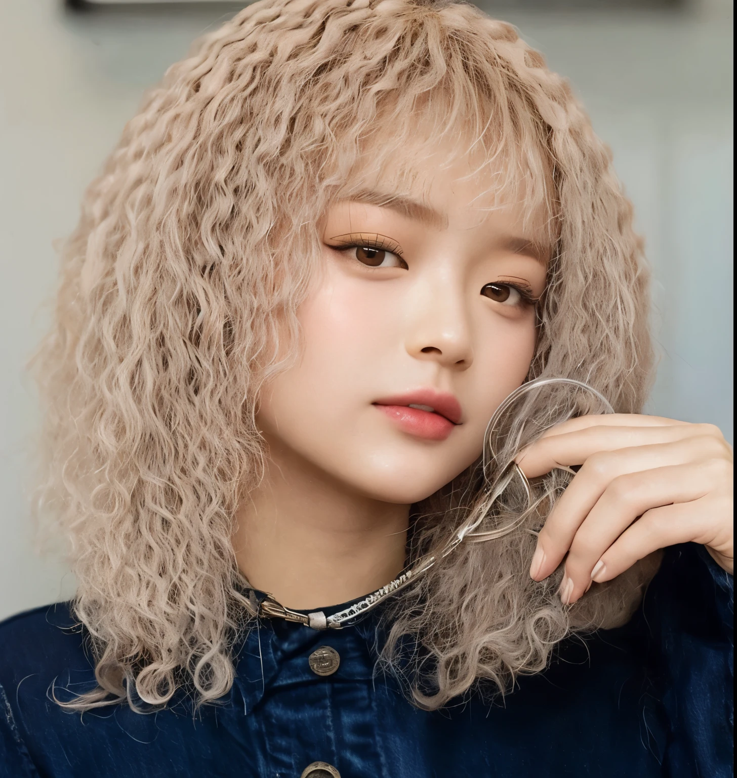 um close up de uma garota com um anel no dedo, loiro encaracoladoe hair, franja encaracolada, blonde Cabelo encaracolado, loiro encaracolado, short loiro encaracoladoe haired girl, very very loiro encaracolado hair, blond Cabelo encaracolado, loiro encaracoladoe hair, Corte de cabelo cacheado com parte do meio, loiro encaracolado hair, pale skin loiro encaracolado hair, Cabelo encaracoladoed, Cabelo encaracolado, Retrato de Hanni pham do Newjeans, Hanni pham do New jeans.