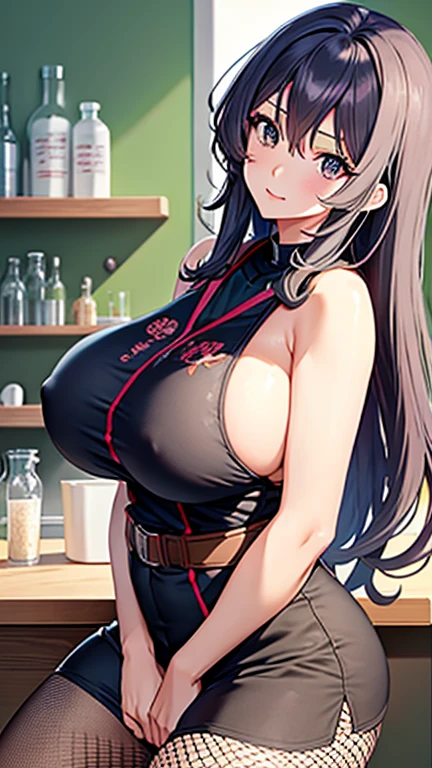 anime (Masou Gakuen HxH), Adult lady , sexy (very big boobs), actress (Reiri Hida) ,  gray eyes , black long hair that is to waist length , fishnet, tights ,laboratory shirt  , She is at the chemistry lab. 