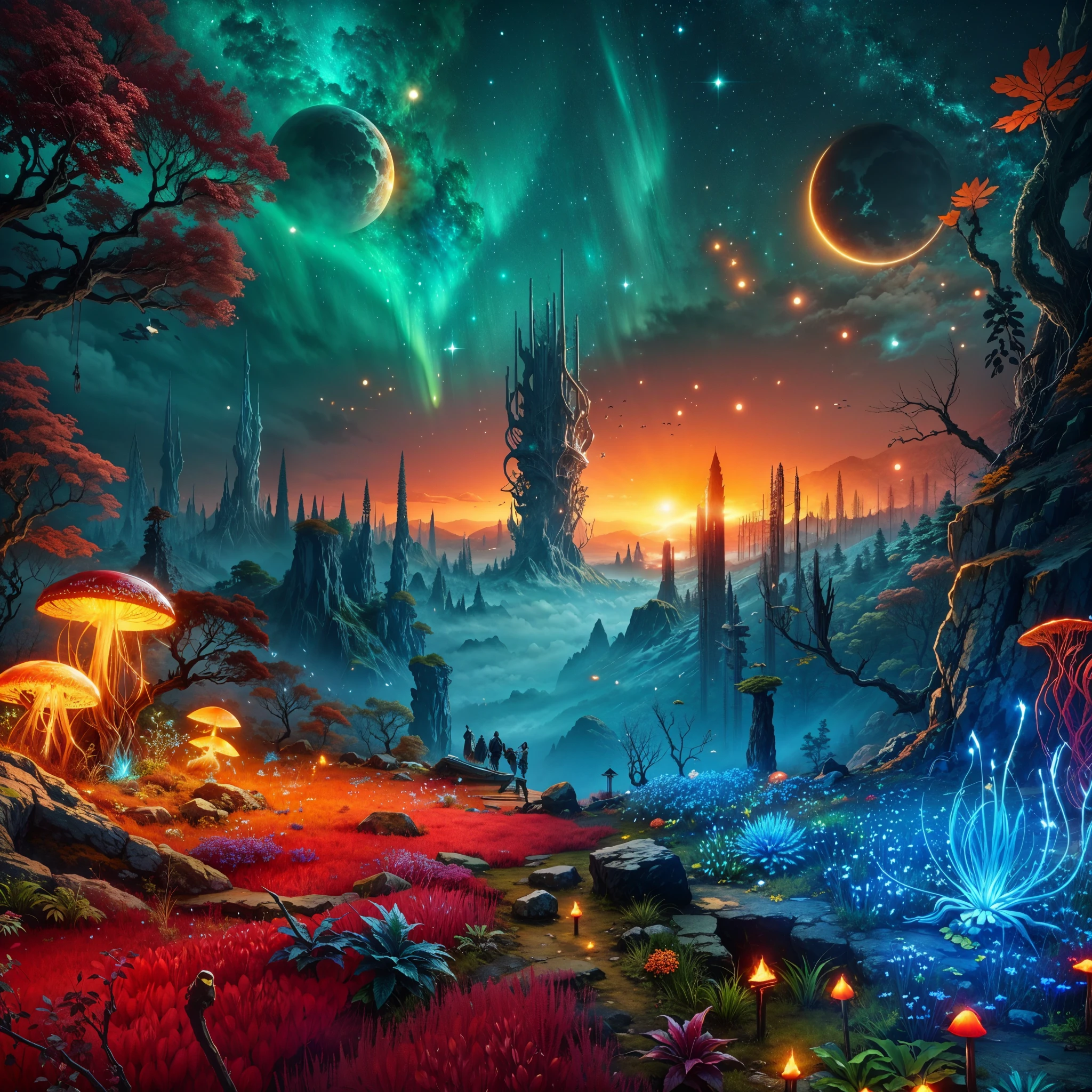 Sekiro game style,ultra-detailed, alien landscape, strange-looking trees, vibrant red grass, blue cactus,green aurora, floating jellyfish,orange starry sky, natural giant piercing crystal pillar,ethereal blue leaves, giant and yellow bioluminescent mushrooms, a captivating  lava line, unique hybrid flowers, two radiant suns, and mesmerizing red fireflies.