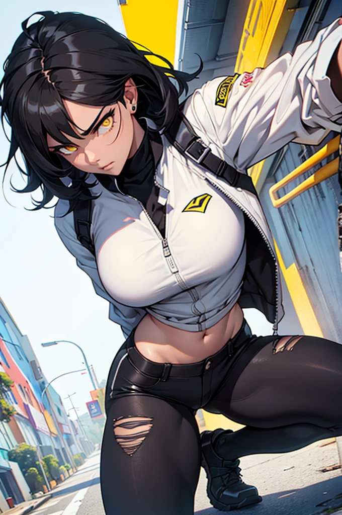 perfect anatomy girl muscular girl toned body girl large breasts girl thick girl angry girl best quality girl black hair girl yellow eyes girl pale girl pale girl,linda mulher morena, musculosa , usando short legging withe, meia calça preta, cabelo curto, belos olhos, olhos lindos, amarelos, camisa branca, jaqueta de couro preta, shorts, short legging white, cidade beco escuro pantyhose black