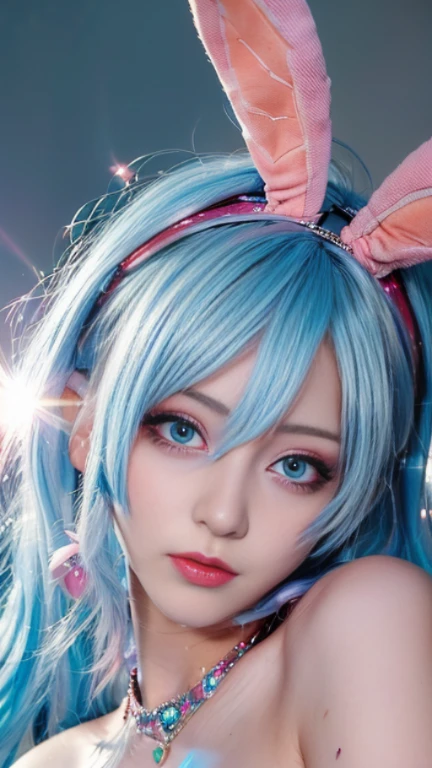 Masterpiece, Best quality, 1 girl, naked, Kimetsu no Yaiba style, light blue hair, long hair, light blue hair, smile, cute, pink eyes, pink eyes, beautiful, lips, bow, half-tied, close-up,