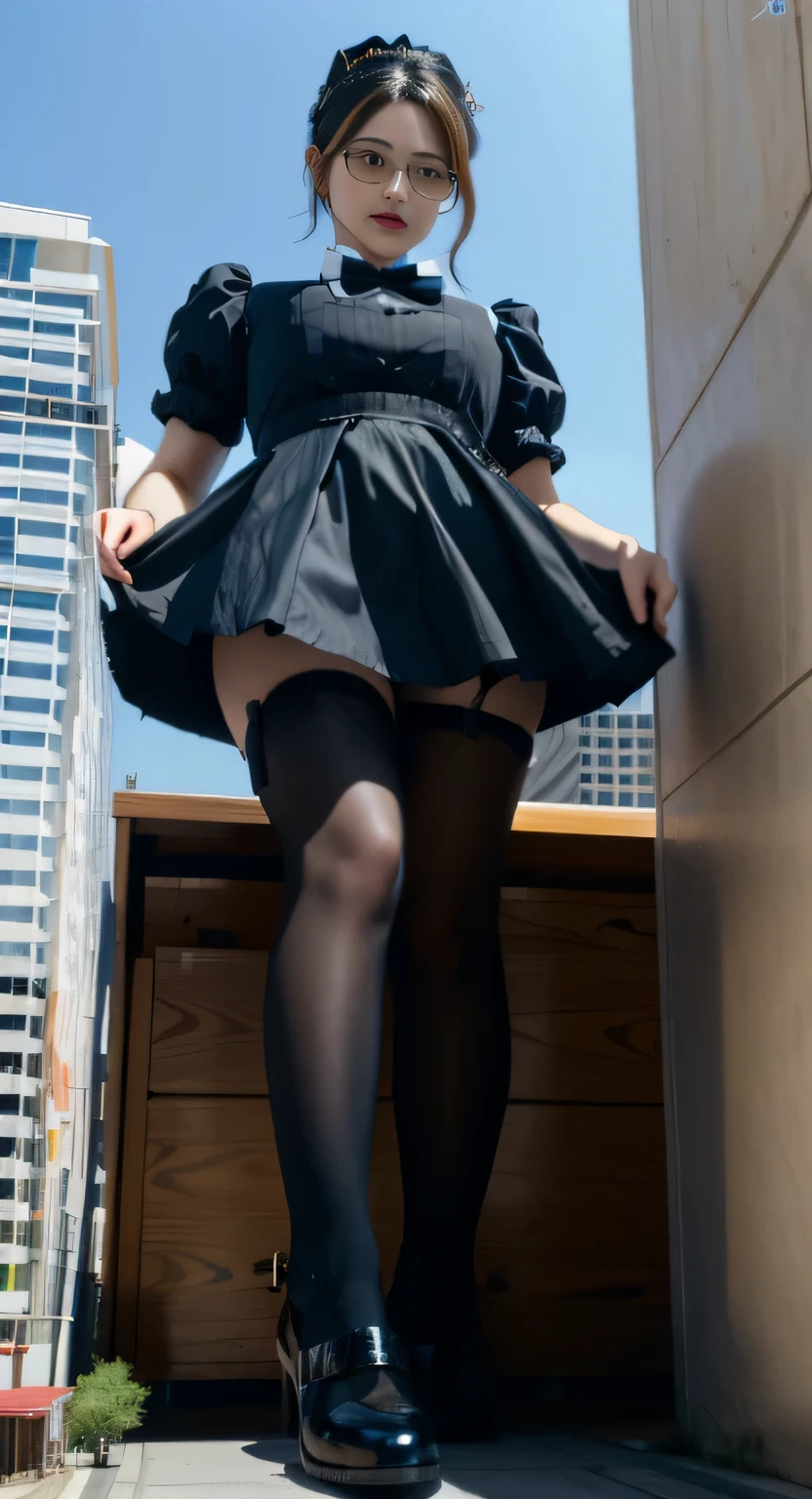 Giantの芸術, 非常に詳細なGiantショット, Giant, short hair, black pantyhose, A maid that is much bigger than a skyscraper, wearing rimless glasses, big breasts, big ass, navy maid uniform, black pantyhose, black shoes, very small metropolis, miniature metropolis, full body description, GTS, ギガGiant, Stomping City, crash city, Small town, micro city, maid,