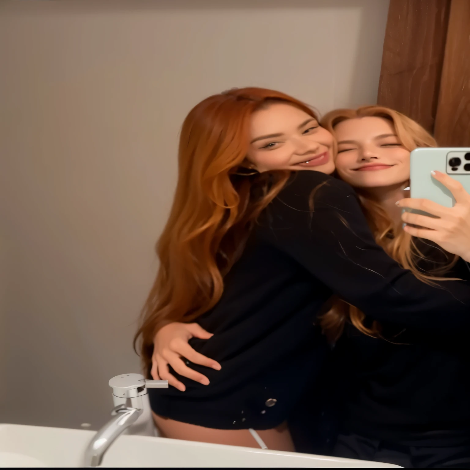 two women taking a selfie in the bathroom mirror with a camera, colegas de quarto, Duas garotas, dois modelos no quadro, bottom angle, one is a redhead, hugging each other, imagem de perfil, they are close to each other, imagem de qualidade muito baixa, photoshoot, annoying sister vibes, 📷 absence and rumpleteazer, photoshoot