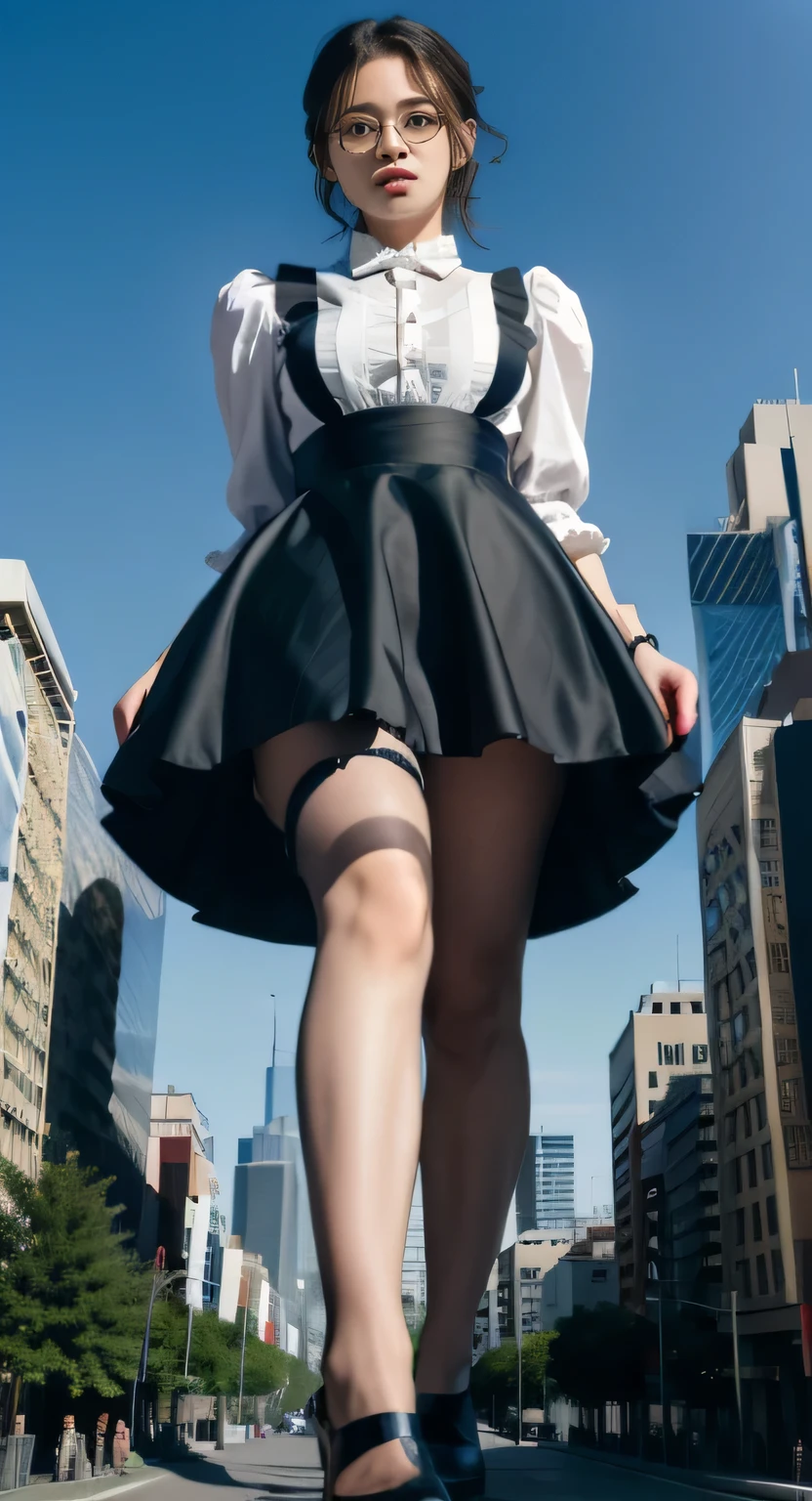 Ground View,giantesscity,giant girl 500 feet high,skyscrapers,Have a pair of ultra long legs,stepping in the crowd,many people in street,a pair of huge breasts,Princess,mini skirt,black silk socks,Has black waist-length hair,Wearing a pair of Mary Jane heels,A look of enjoyment,standing on a ruins,Beautiful appearance,Exquisite makeup,quality,8k,高quality,Perfect proportion, Cinema lighting,film grain,Fuji colors,8k,textured skin,Super details,high detail,high quality,high resolution,explode,fake smile
