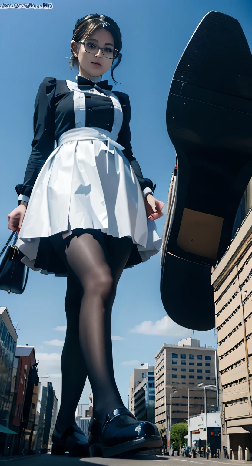 Giantの芸術, 非常に詳細なGiantショット, Giant, short hair, black pantyhose, A maid that is much bigger than a skyscraper, wearing rimless glasses, big breasts, big ass, navy maid uniform, black pantyhose, black shoes, very small metropolis, miniature metropolis, full body description, GTS, ギガGiant, Stomping City, crash city, Small town, micro city, maid,