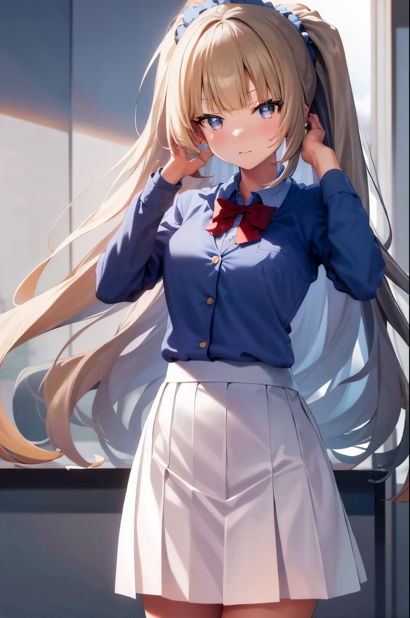 masterpiece, best quality, highres, 1girl, kei karuizawa, blue shirt, white skirt, jacket, red jacket standing, upper body