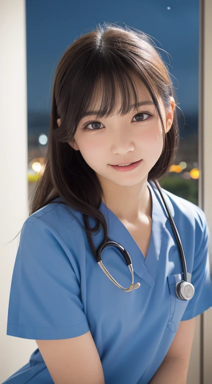 masutepiece, Best Quality, 8K, 8years old, , Raw photo, absurderes, award winning portrait, Smile, Solo, (Night:1.8), Idol face, Delicate girl, Upper body, Digital SLR, Looking at Viewer, Candid, Sophisticated,Thin arms, Professional Lighting, Film grain, chromatic abberation, (Eyes and faces with detailed:1.0), (Bokeh:1.1) , (Nurse Uniform:1.1) , closes mouth