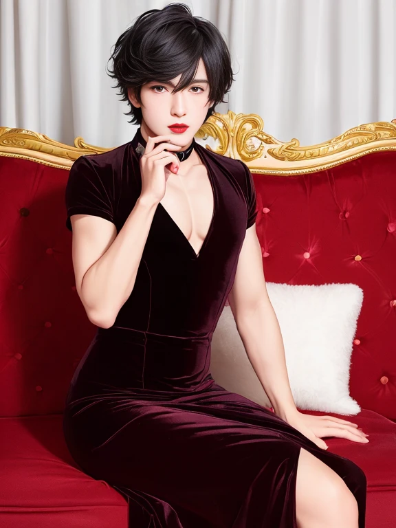 man, male body, male face, crossdress, femboy, wear velvet dress, mature male , black hair, short hair, red lips, livingroom, sit on soffa