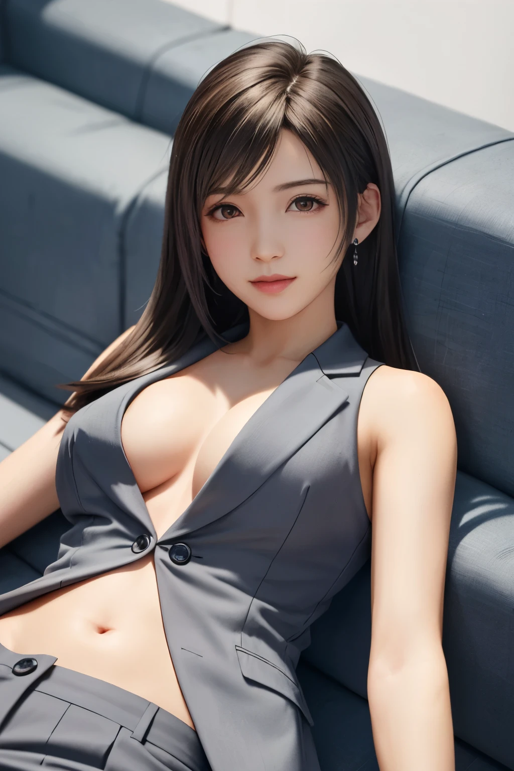 (top quality, masutepiece: 1.1), (Realistic: 1.3), BREAK (((FF7,Tifa_lockhart))),(solo,Tifa:1.2),(japanese ,gray tailored jacket,gray tailored pant,office suit:1.3) ,(office, sofa,indoor),(Lying:1.5,on back:1.5),(cool pose:1.1),Ultra-detailed face, Detailed eyes,Red eyes, BREAK (((FF7,Tifa_lockhart))),(light brown hair, Large breasts: 1.2), BREAK (Small and beautiful hard nipple) About 18 years old,kawaii,smile,face focus:1.5,making like she wants to kiss you:1.2,shy,blush,suggestive,sensual,kiss,looking at viewer