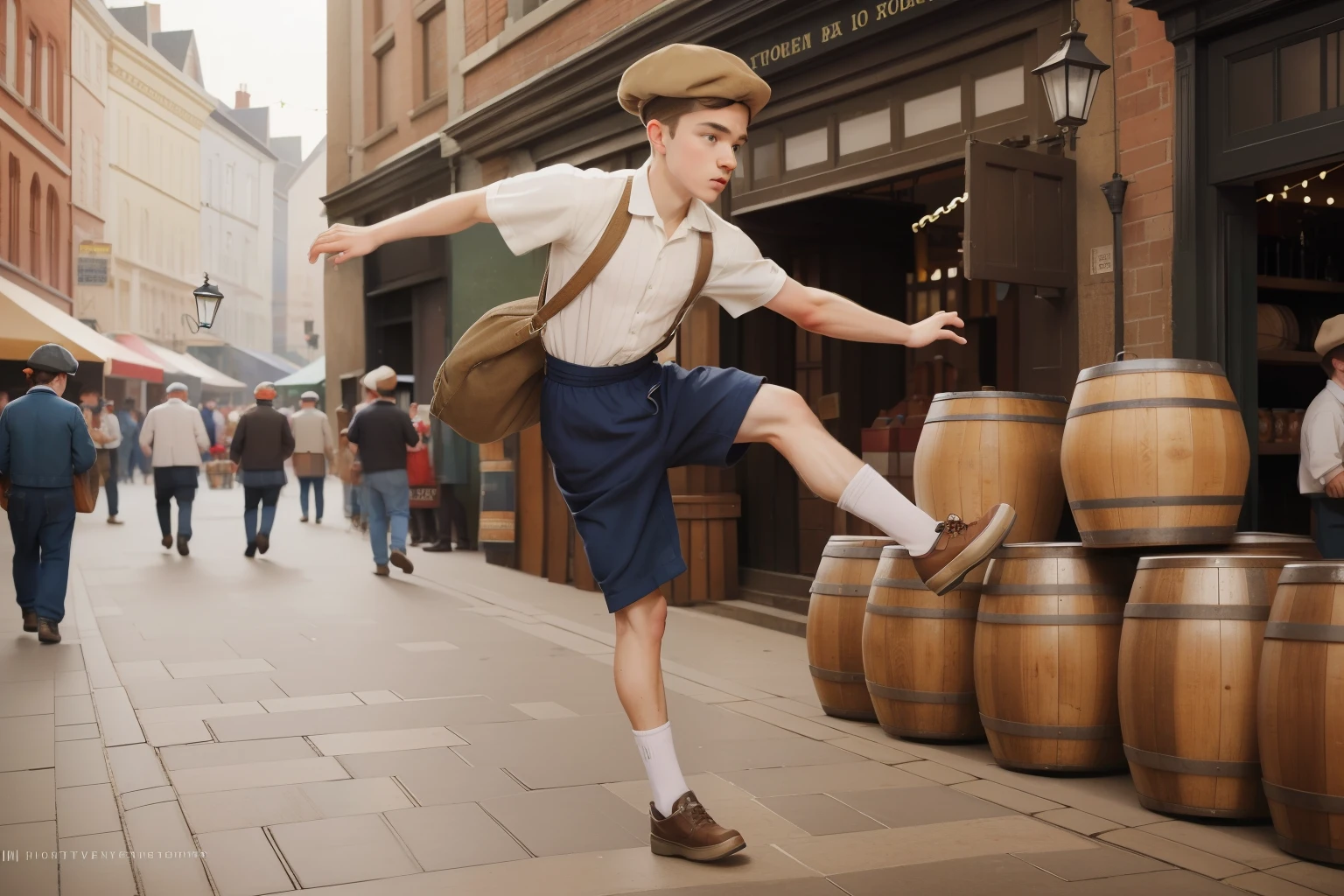 Amidst the traditional hustle and bustle of a Victorian marketplace in the 2010s, a -year-olite b with a newsboy cap and a canvas bag, skillfully leaps over crates and barrels with a sense of nimble dexterity, capturing the energetic rhythm of a historical street scene.