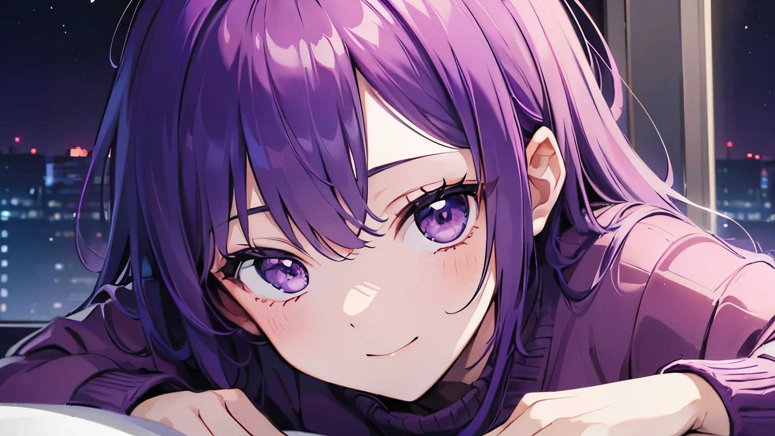 (T Masterpiece,4k wallpaper,best quality))、((girl1people))、(solo)、Brilliant,(purple hair)、(shortcut:1.3)、close up of face、smile、Bedroom、night、sweater