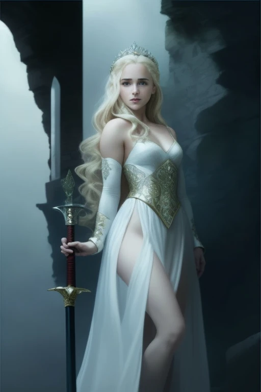 Blonde girl in white dress holding sword in dark room, Movie goddess shooting, Emilia Clarke plays the Greek goddess, Emma Watson plays blonde Aphrodite, Movie goddess full body photo, daenerys, still from a fantasy, Emma Watson plays the Snow Queen, also known as artemis selene, Kristen Bell as Greek goddess, daenerys targaryen
