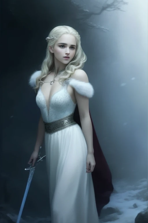 Blonde girl in white dress holding sword in dark room, Movie goddess shooting, Emilia Clarke plays the Greek goddess, Emma Watson plays blonde Aphrodite, Movie goddess full body photo, daenerys, still from a fantasy, Emma Watson plays the Snow Queen, also known as artemis selene, Kristen Bell as Greek goddess, daenerys targaryen