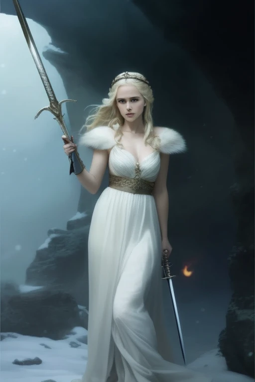Blonde girl in white dress holding sword in dark room, Movie goddess shooting, Emilia Clarke plays the Greek goddess, Emma Watson plays blonde Aphrodite, Movie goddess full body photo, daenerys, still from a fantasy, Emma Watson plays the Snow Queen, also known as artemis selene, Kristen Bell as Greek goddess, daenerys targaryen