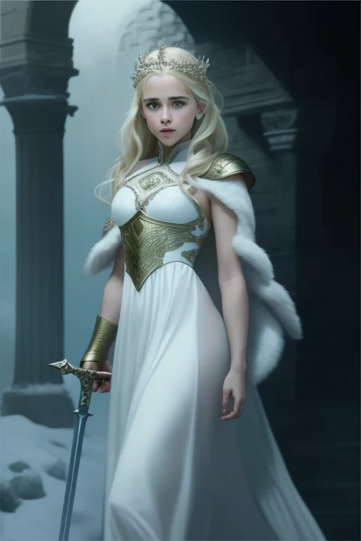 Blonde girl in white dress holding sword in dark room, Movie goddess shooting, Emilia Clarke plays the Greek goddess, Emma Watson plays blonde Aphrodite, Movie goddess full body photo, daenerys, still from a fantasy, Emma Watson plays the Snow Queen, also known as artemis selene, Kristen Bell as Greek goddess, daenerys targaryen