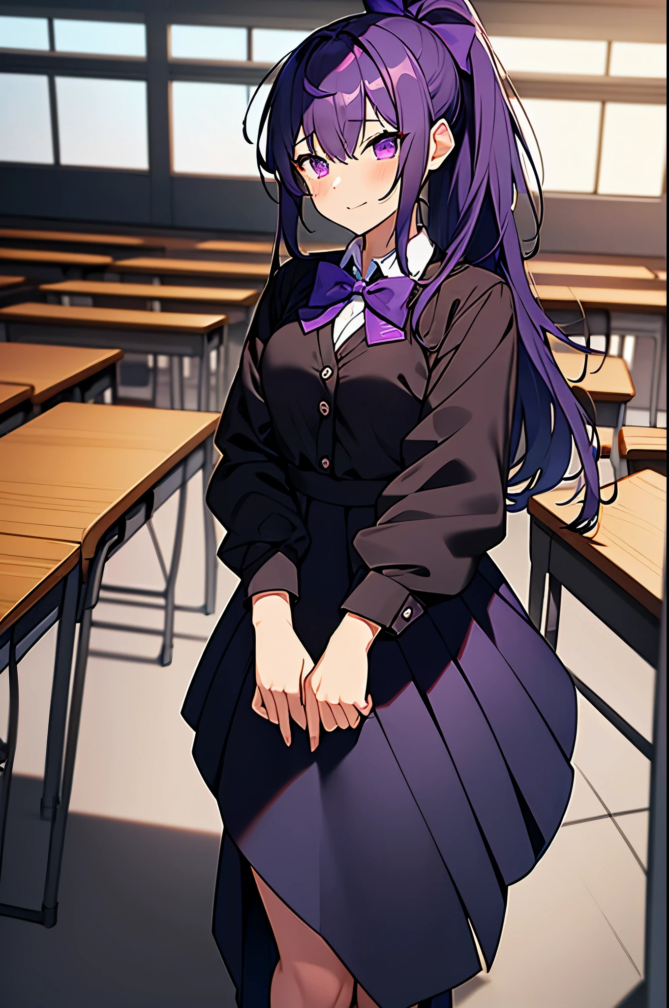 masterpiece,high quality,1 girl,purple hair,medium chest,high ponytail,messy hair,student,dark blue bow tie,long skirt,black clothes,naked leg,black leather shoes,in classroom,Well-behaved,beautiful,Glamorous
