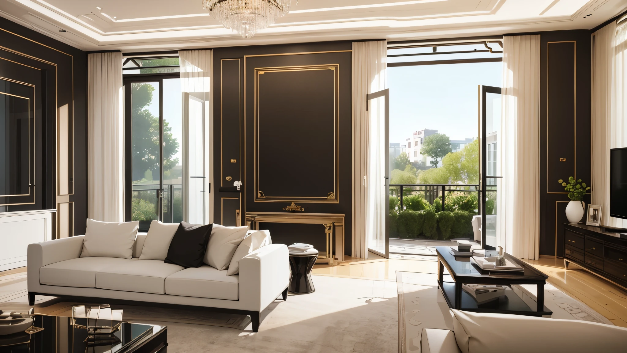 You are a famous interior designer、You have been asked to create a 3D image of a modern large room. Create a harmonious environment with modern and minimalist furniture. Including garden interior.