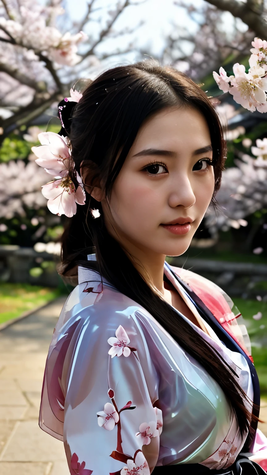 tasteful photo of asian girl in asian town,illustrative,traditional street scene,beautiful detailed eyes,beautiful detailed lips,long hair flowing,pink cherry blossoms,decorative lanterns,lovely kimono,serene expression,vivid colors,natural lighting