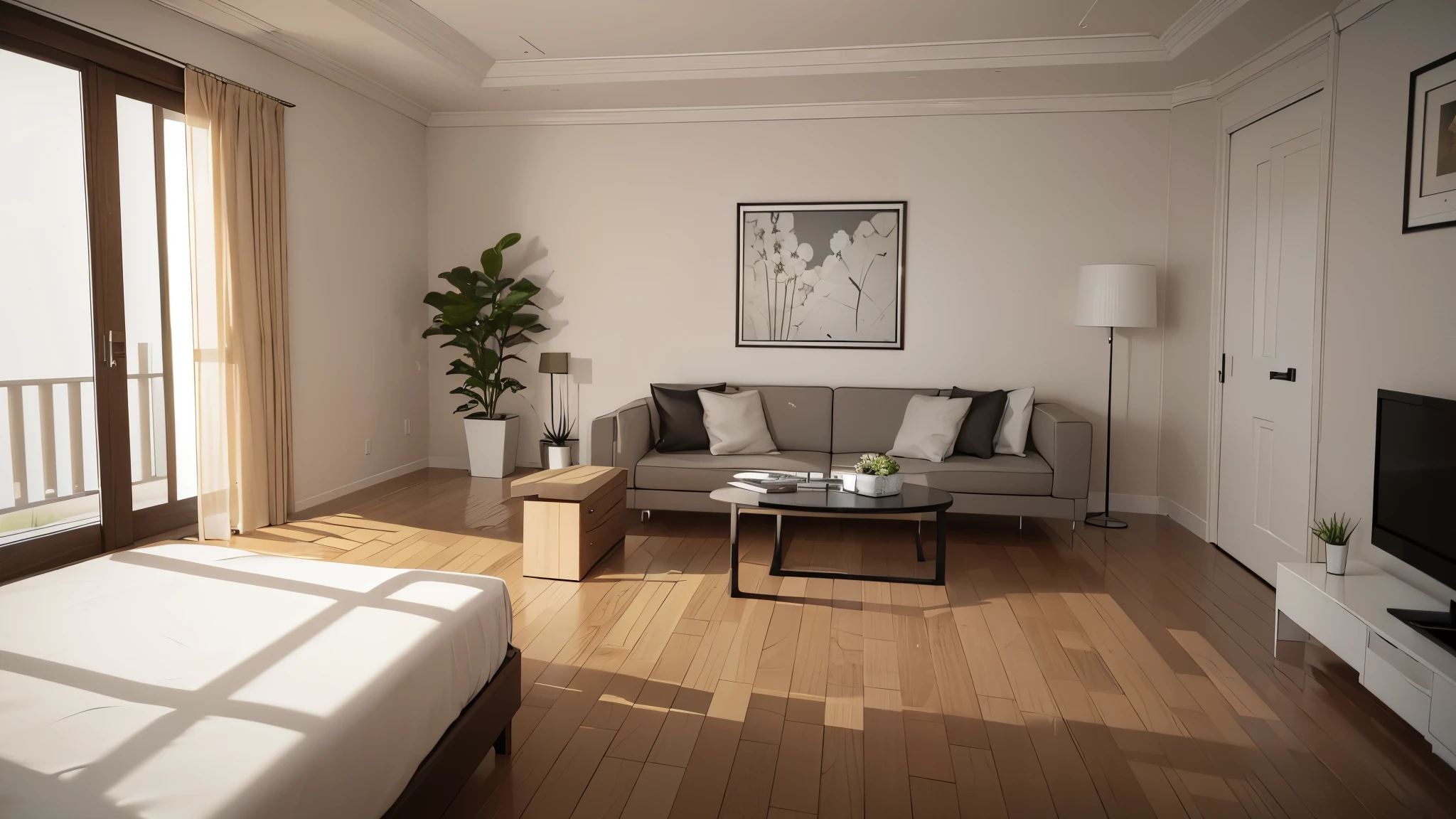 You are a famous interior designer、You have been asked to create a 3D image of a modern large room. Create a harmonious environment with modern and minimalist furniture. Including garden interior.
