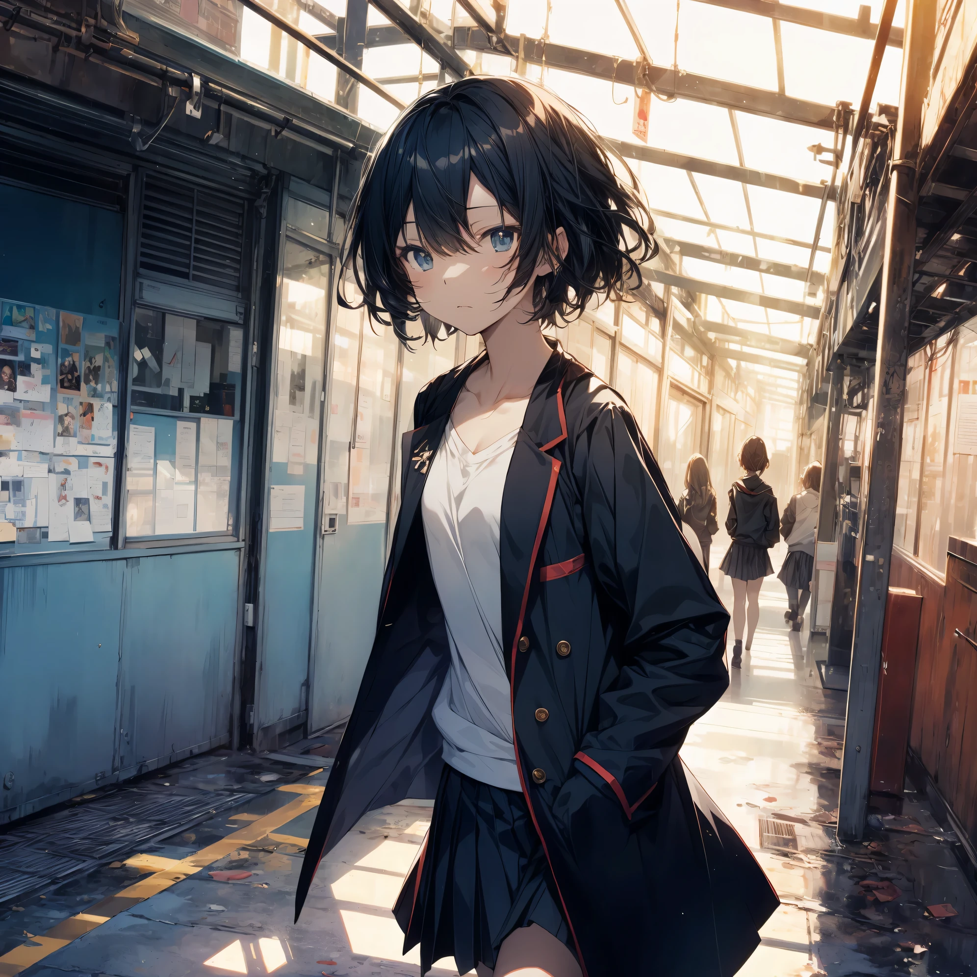 super highest quality, super detailed, High resolution, anime moe art style, best anime 8K konachan wallpaper, pixiv contest winner, perfect anatomy, break,(眠そうにalone学校へ行く女の子を描いてください. ),break, surreal high school girl, (alone,change, child,13 years old:1.3),All limbs, full finger,Middle school students, androgynous charm, ((very short hair)), messy hair, flat chest, small ass, between legs, Small black eyes,beautiful and fine eyes, Well-proportioned iris and pupils, disgusted eyes, High resolutionの詳細な髪, school uniform, (skirt), On the way to school. break,super dense skin, Best lighting by famous artists, 8K, figure,