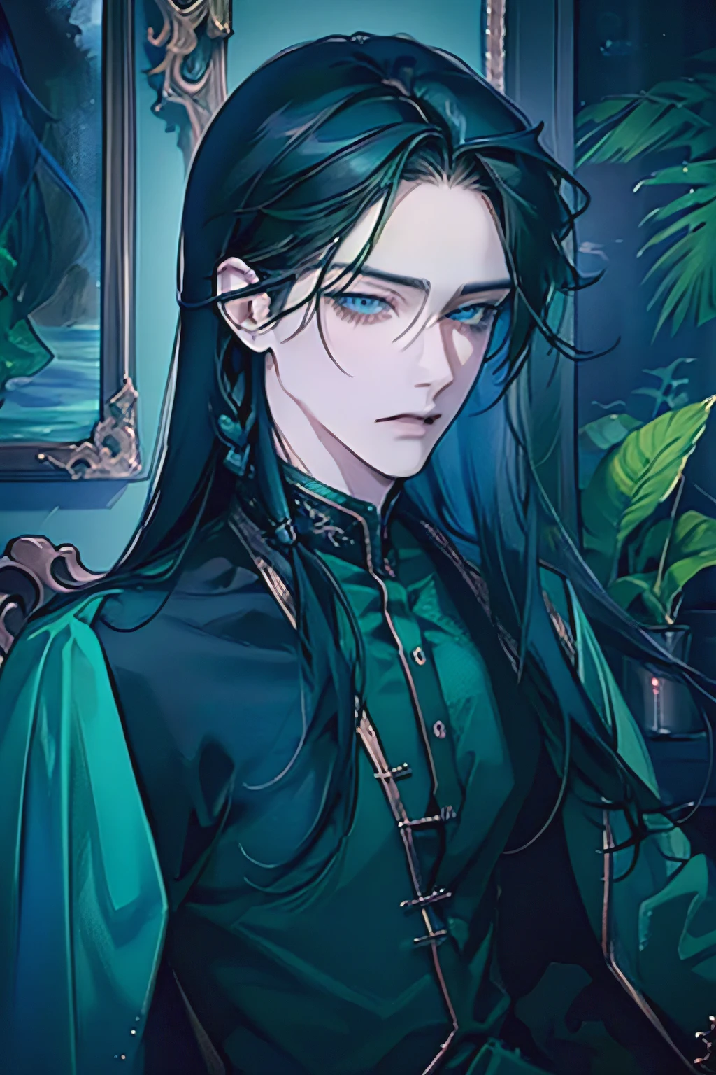 young guy, (((long black hair))), (((Blue eyes))), Sad expression, ((Perfect eyes)), ((same eyes)), extremely detailed, portrait, (((1 guy))), (((Detailed eyes))), (One), ((((green clothes clothes)), shirt