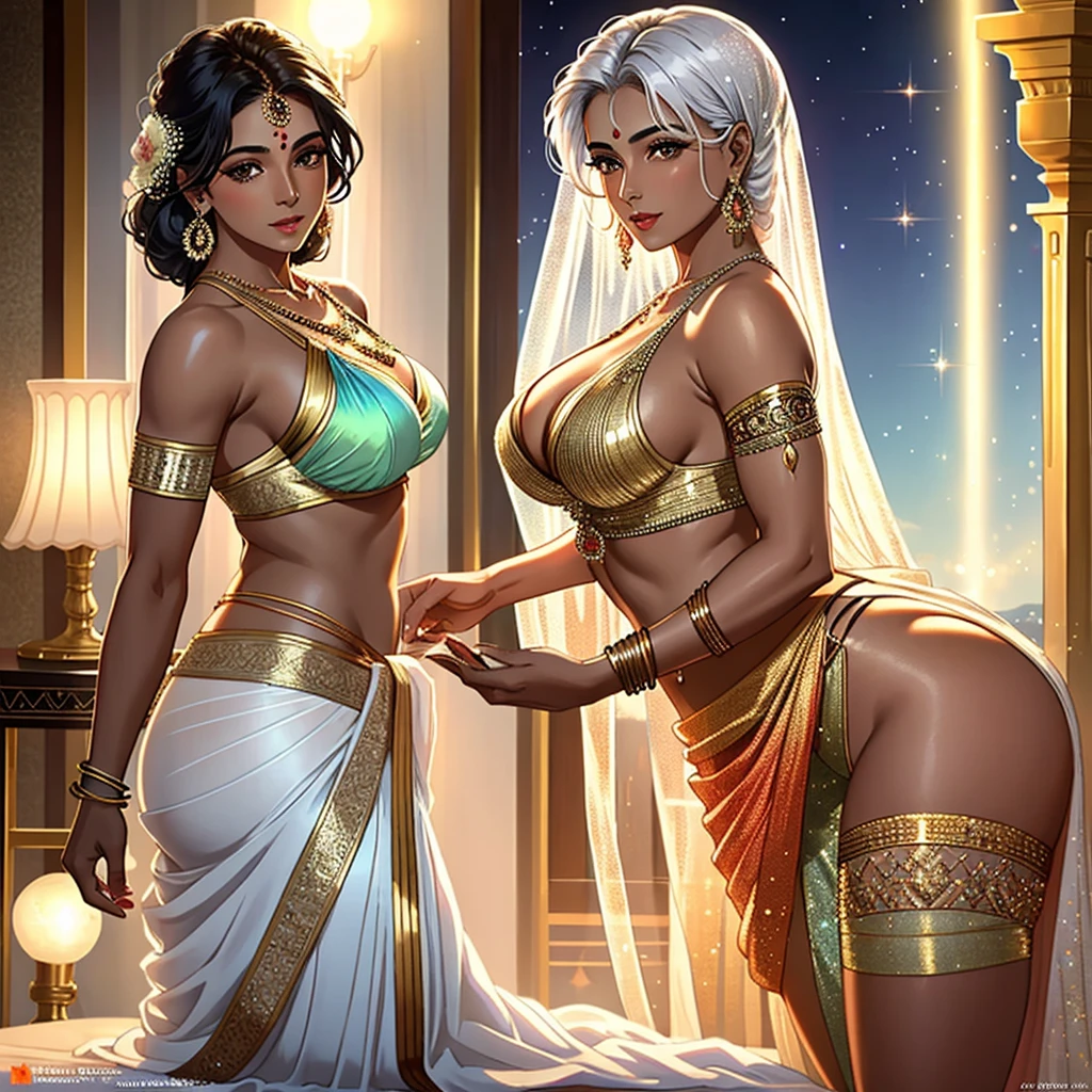 A movie scene featuring a 50-year-old Indian IFBB called Pavna, showcasing her captivating beauty and mature allure. Her dark-skinned complexion adds depth to her striking appearance, accentuated by her glistening white hair and thick lips. She exudes an air of soft gentleness and kindness as she wears a shimmering robe, complementing the iridescent thong underneath. The scene is further enhanced by the presence of sheer Arab pants that flow gracefully, adding a touch of mystery and sensuality. To complete the ensemble, she adorns a shiny gold sari top that sparkles under the light. Everything in this sophisticated, high quality, ultra-detailed, photorealistic image radiates vibrant colors, capturing the viewer's attention with its vividness. The lighting casts a soft glow, highlighting the woman's features while adding depth to the scene. It is truly a masterpiece that showcases the beauty and allure of maturity.