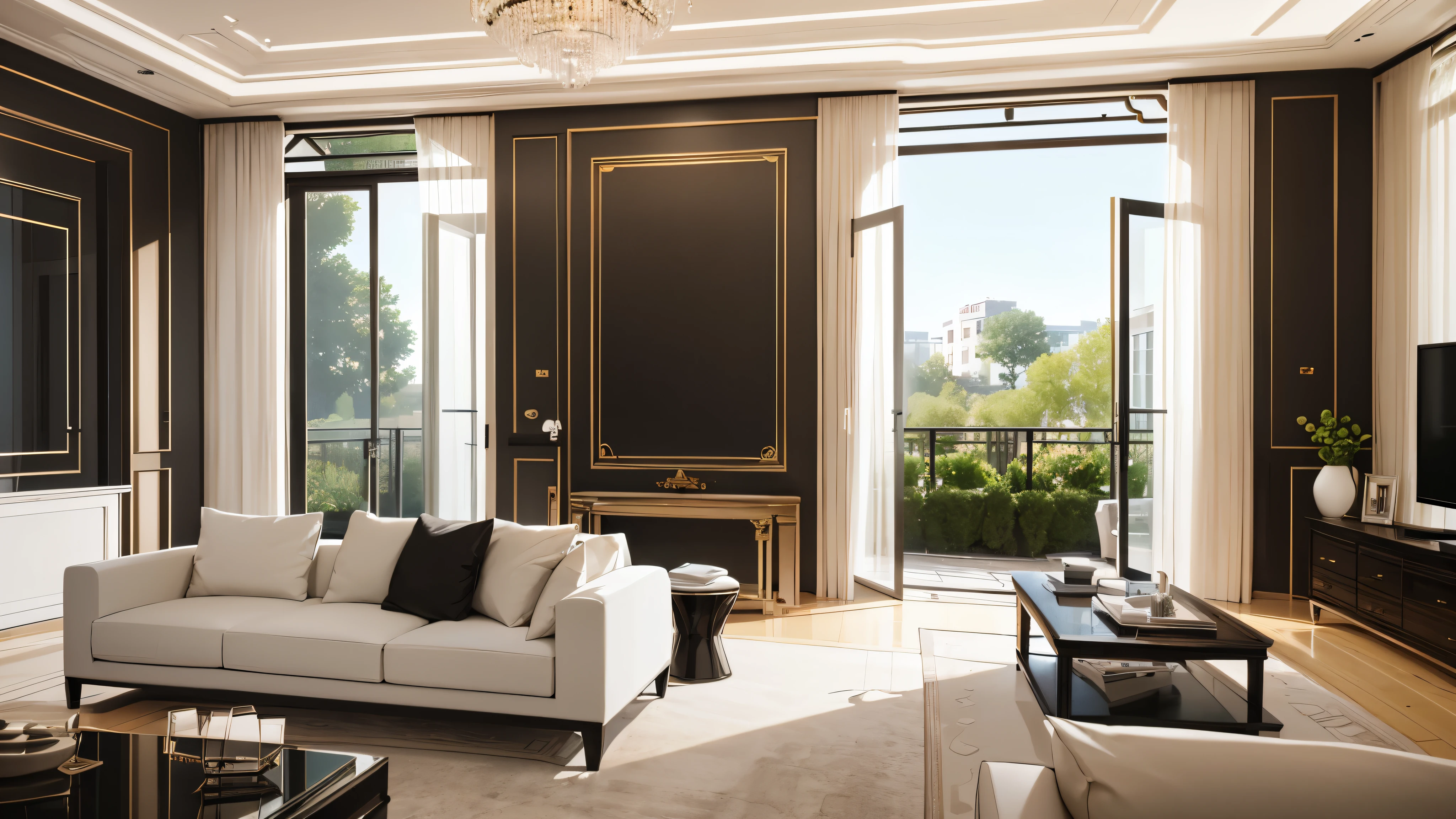 You are a famous interior designer、You have been asked to create a 3D image of a modern large room. Create a harmonious environment with modern and minimalist furniture. Including garden interior.