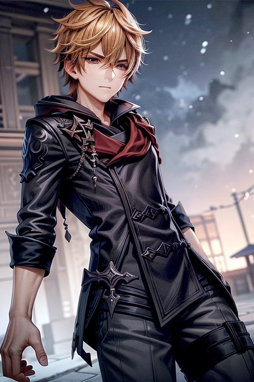 masterpiece, 1boy, temple in the background, FrostPunk style, snowstorm, winter black jacket with hood, serious face