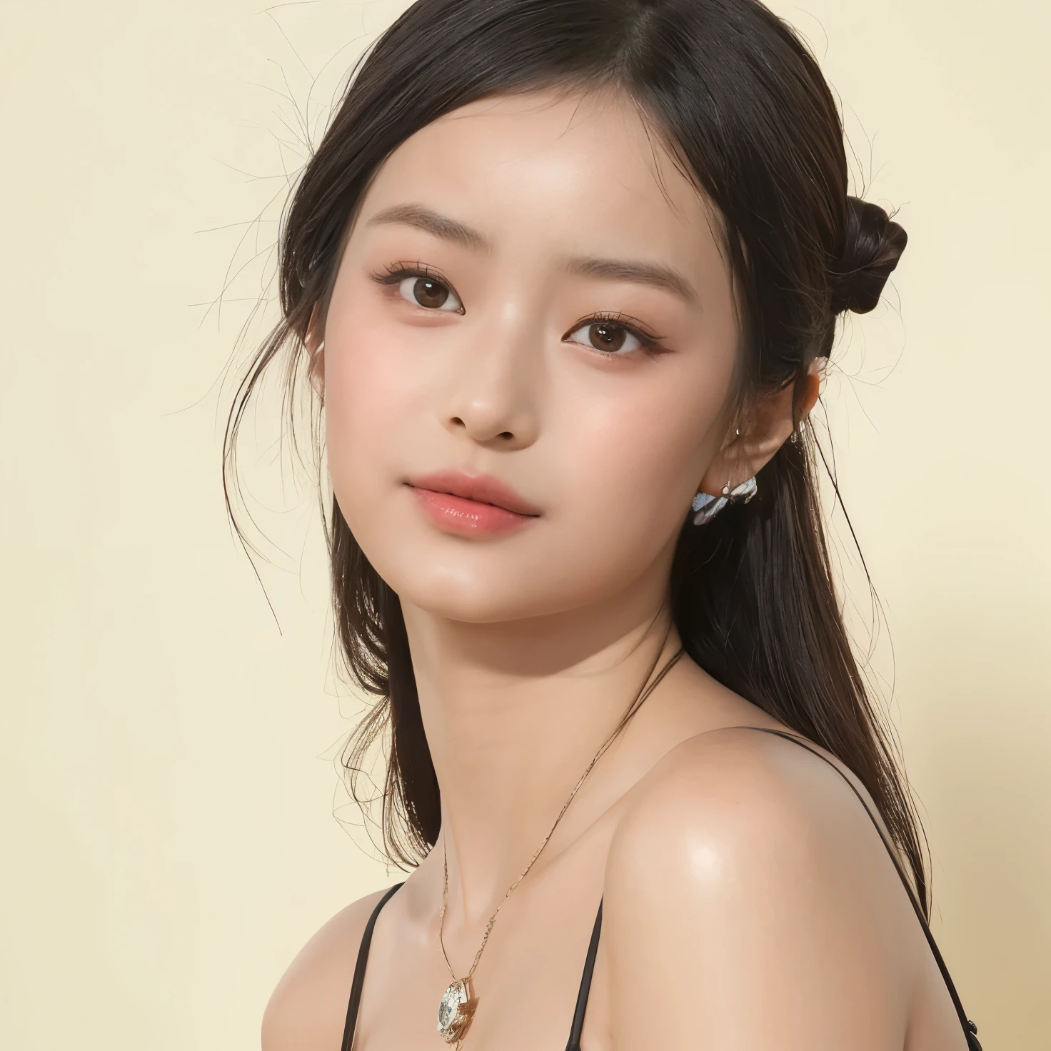 um close up de uma mulher com um colar e um colar em, dilraba dilmurat, Retrato de Hanni pham, Hanni pham do Newjeans, 18 anos de idade, rosto muito bonito, Hanni Pham, lindo rosto delicado, profile picture with headshot, pele palida, glow skin.