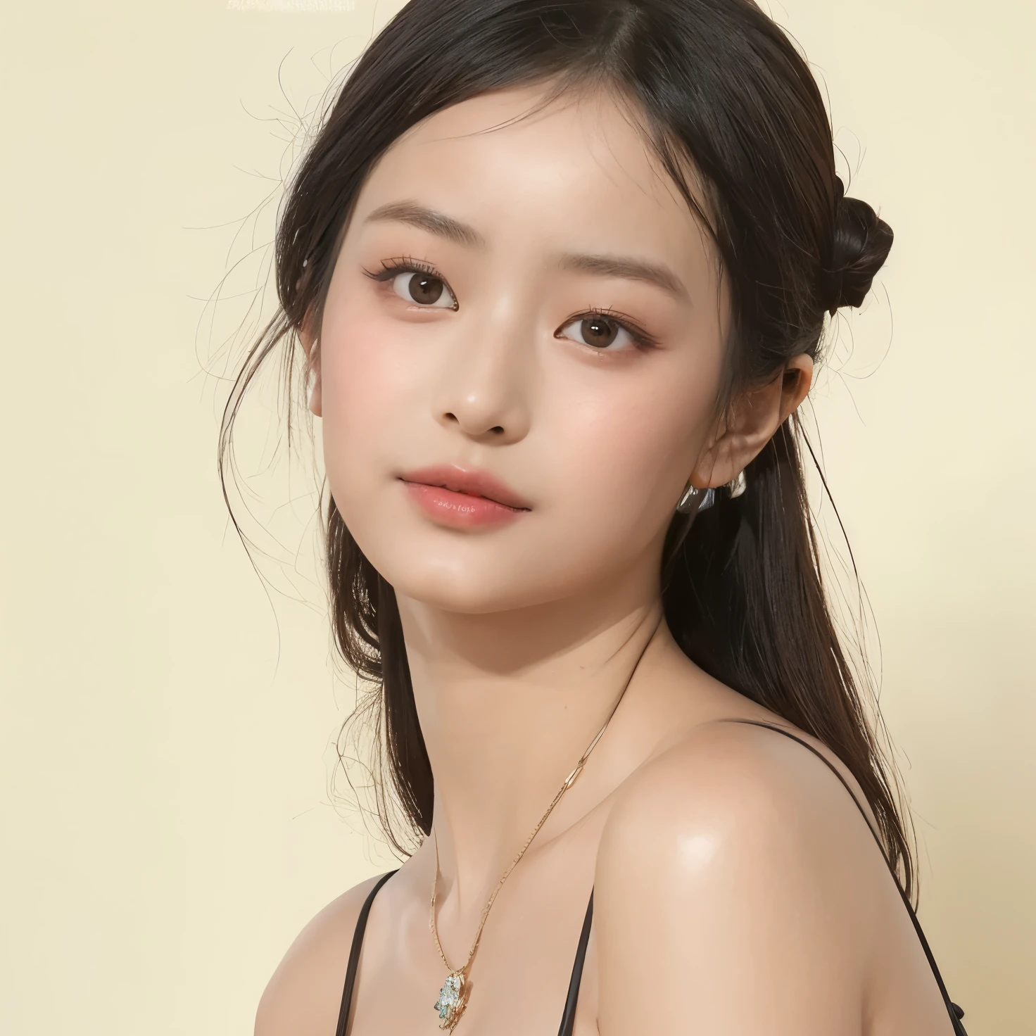 um close up de uma mulher com um colar e um colar em, dilraba dilmurat, Retrato de Hanni pham, Hanni pham do Newjeans, 18 anos de idade, rosto muito bonito, Hanni Pham, lindo rosto delicado, profile picture with headshot, pele palida, glow skin.