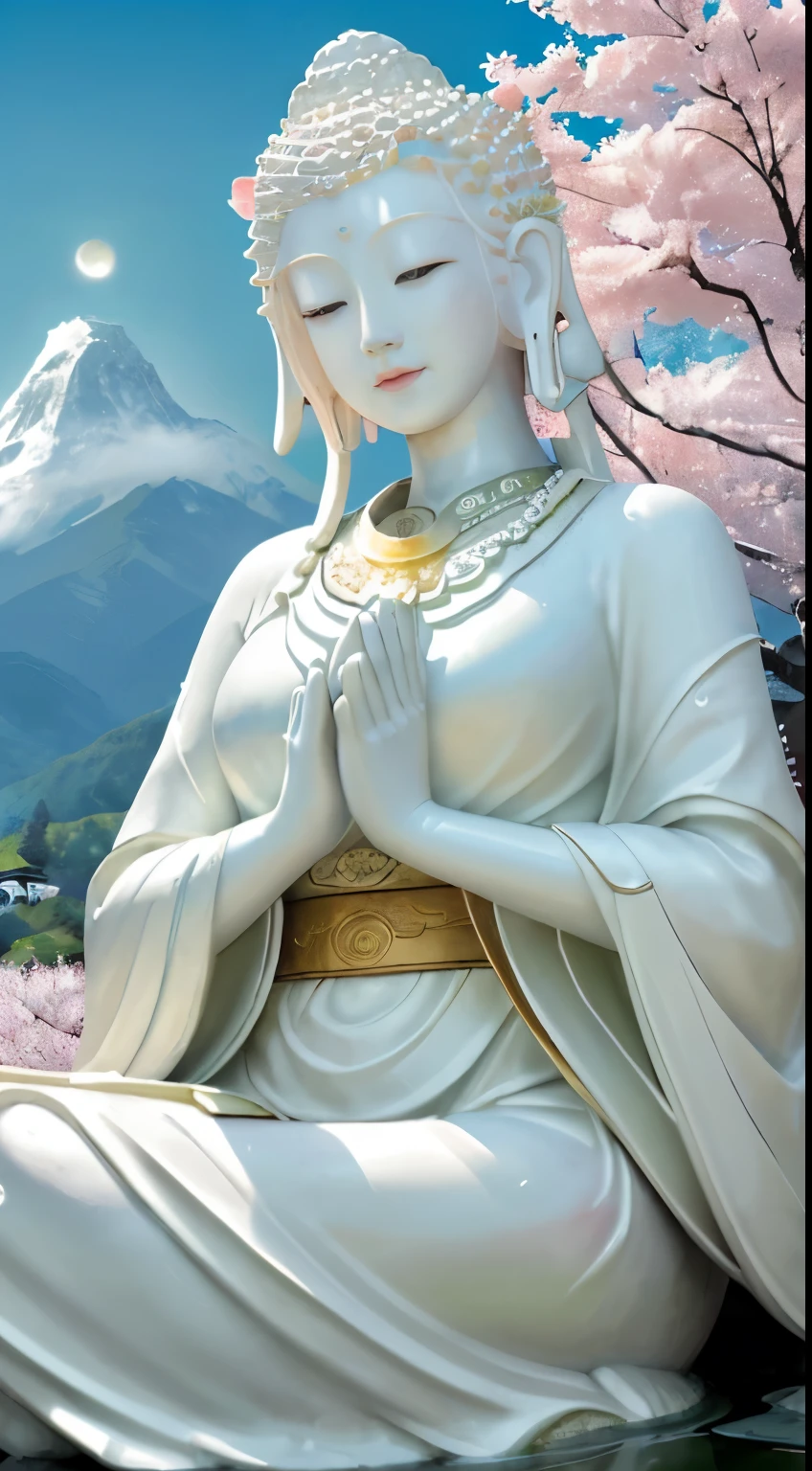 (masterpiece),(highest quality),(super detailed), (Buddha statue), (body:1.2), 1 guanyin, guanyin, One, Hand Cloth, cross One's hands, put your hands together, bright white, floating in a powerful zen state, with lotus flowers, white skin, Amitayus, sitting on a lotus flower, Holding hands and chanting the Buddha's name, huge moon, temple, Wearing clothes, white skin, round face, kind, kind, look, Mountain, wood, cherry blossoms, forest, bird, cloud, dew, green, white skin, white pink, (beautiful detailed face), (surrealism), (close your eyes),