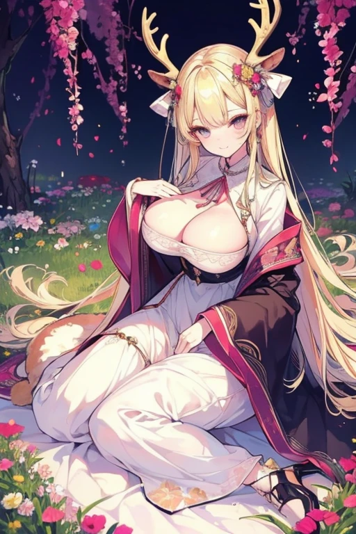 unparalleled beauty,perfect face、Lie down in a beautiful flower garden、,perfect eyes、old-fashioned costume、retro style、Deer antlers grow from the head、too big breasts、golden eyes、blonde、shy smile、、luxury brand clothes、outerwear、ファッションmodel、model、、Full body Esbian,