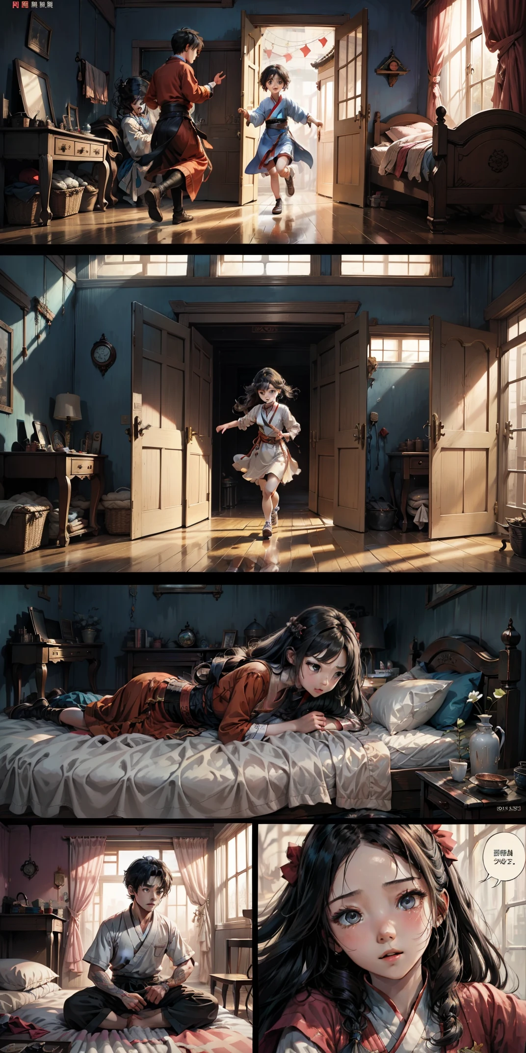 comic, The girl opened the door。The girl sees the boy and another woman lying on the bed。The boy panicked。The girl ran away。