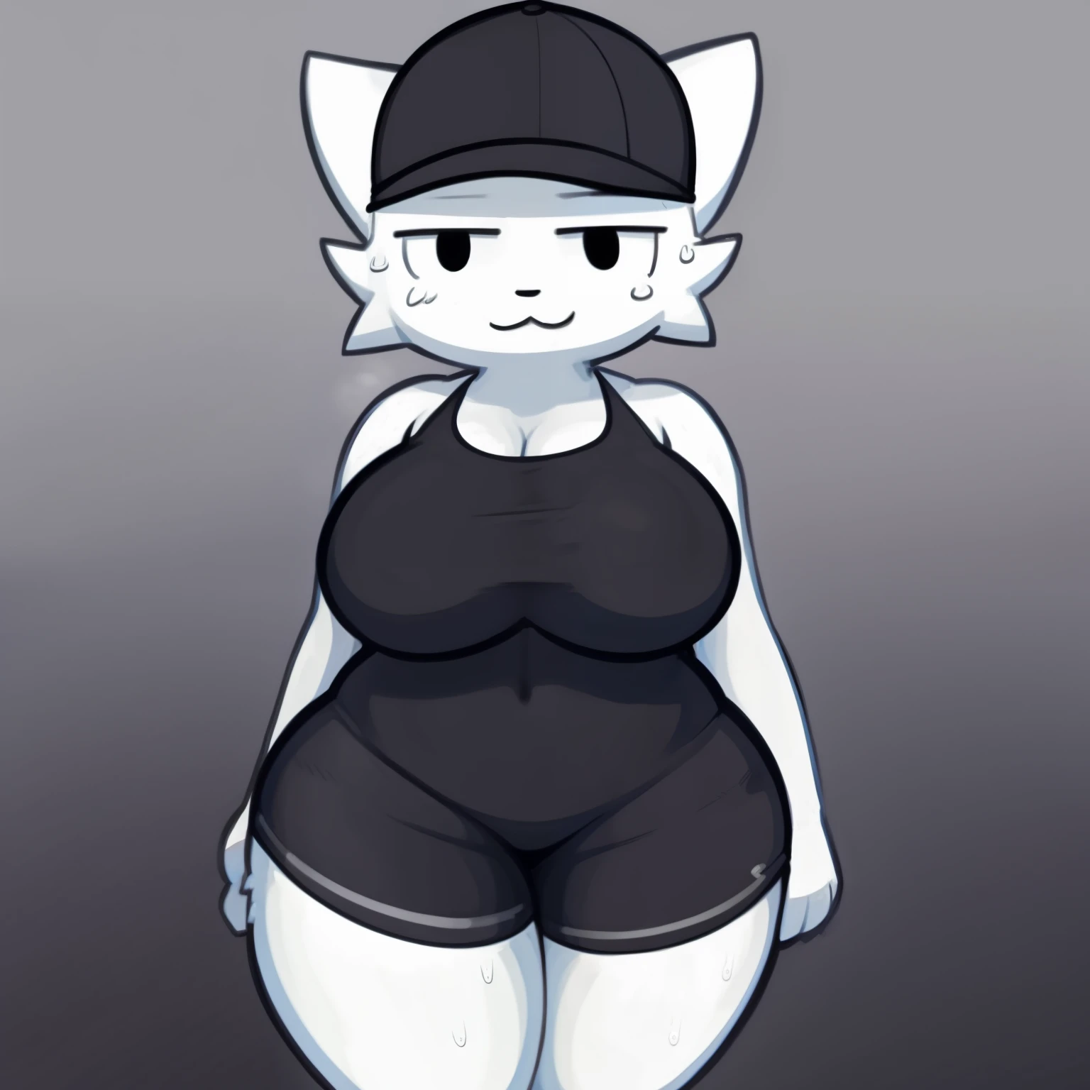 Silly cat, girl, wide hips, cat, antro, naked, white cat,thick legs, body slim, huge breasts, sweat, wearing black shorts, wearing a black baseball cap,
