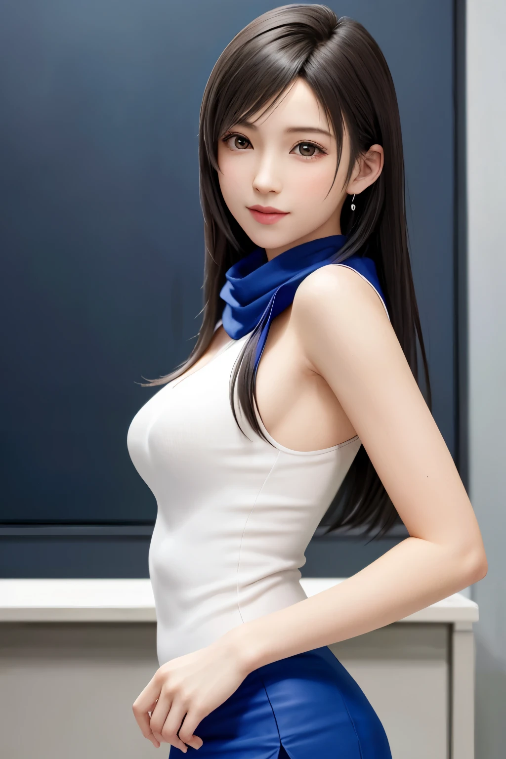 (top quality, masutepiece: 1.1), (Realistic: 1.3), BREAK (((FF7,Tifa_lockhart))),(solo,Tifa:1.2),(japanese ,office lady:1.2,blue vest:1.3,blue suit:1.3,blue pencil skirt:1.3, white shirt:1.3, silk scarf, black pantyhose:1.3) ,(office, indoor,standing behind reception counter),Ultra-detailed face, Detailed eyes,Red eyes, BREAK (((FF7,Tifa_lockhart))),(black brown hair, Large breasts: 1.2), BREAK (Small and beautiful hard nipple) About 18 years old,kawaii,smile,zettai_ryouiki:1.1,cowboy shot