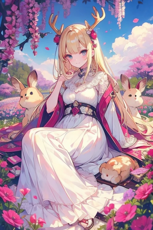 unparalleled beauty,perfect face、Lie down in a beautiful flower garden、,perfect eyes、old-fashioned costume、retro style、Deer antlers grow from the head、、golden eyes、blonde、shy smile、、luxury brand clothes、outerwear、ファッションmodel、model、、Full body Esbian,with a small wild rabbit、spectacular scenery