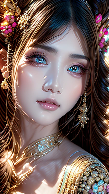 (Best quality:1.3), 16k resolution, (masterpiece:1.2), 1girl in solo pose, (Maximalism:1.5), surrounded by opals, ultra-detailed, absurderes style, depicting a very detailed beautiful face and eyes with long lashes and intricate symbol in the iris, stunningly realistic and captivating. The girl's beautiful hair is in high detail, cascading in soft waves, with pink and light blue accents and delicate hair accessories. The delicate composition includes a full-length figure, showcasing a sensual and alluring full-bodyesbian form, clad in intricately designed clothing.