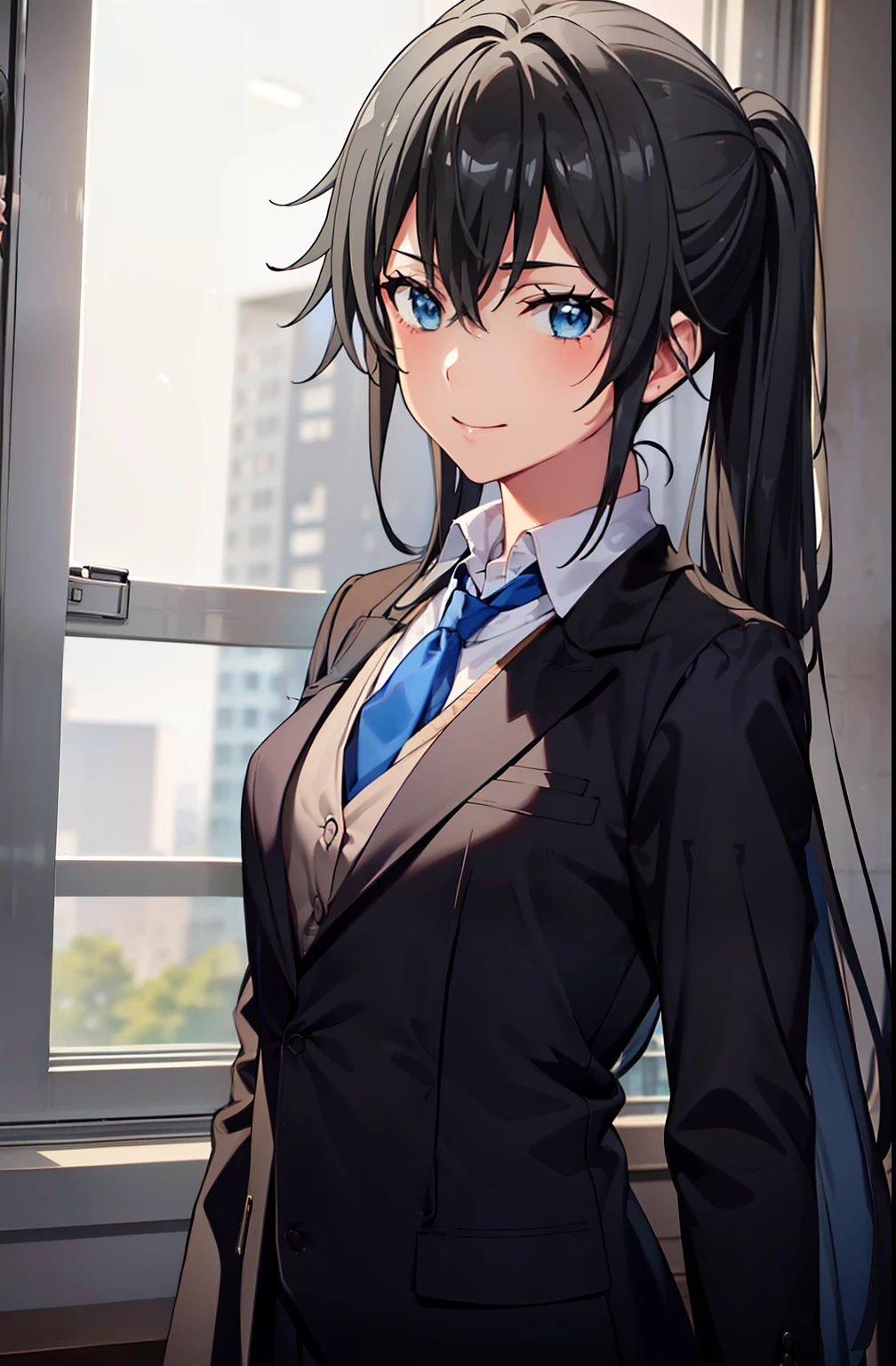 ((best quality)), ((masterpiece)), (detailed) 1girl 1girl, ;\), blurry, blurry_background, breasts, , hair_long , looking_at_viewer, ok_sign, one_eye_closed, open_hand, Yukinoshita Yukino ,Woman wearing formal clothes, An attractive coat stands in a large gap in the room , 1girl, 独奏, blue necktie, Black hair, eyes blue, long hair, smile , collared shirt, white pants, white shirt , Elegantly designed coat , Stand in front of a window ,Perfectly tailored tailcoat. It has a stunning Victorian design and is made of lustrous fabric , soft thighs , full body