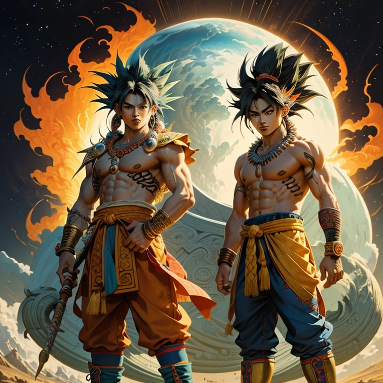 Masterpiece, Best Quality, Aztec Native Goku and Shenlong:

This image showcases a masterpiece of Aztec Native Goku and Shenlong in the highest quality. The best quality of this illustration features an intricately detailed setting, showcasing Goku and Shenlong with ultra-fine textures. The Aztec natives are depicted with their distinct traditional attire, adorned with vibrant colors and intricate patterns that reflect their rich culture. Goku's muscles are shown in extreme detail, with a finely rendered texture that adds depth and realism to the image. The facial expressions of both characters are intricately detailed, capturing the essence of