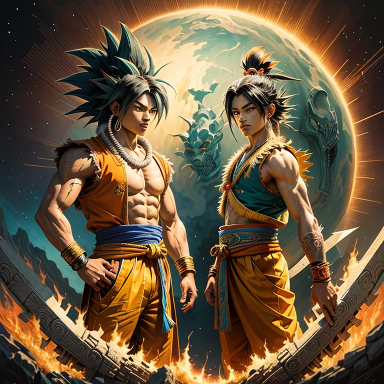 Masterpiece, Best Quality, Aztec Native Goku and Shenlong:
This image showcases a masterpiece of Aztec Native Goku and Shenlong in the highest quality. The best quality of this illustration features an intricately detailed setting, showcasing Goku and Shenlong with ultra-fine textures. The Aztec natives are depicted with their distinct traditional attire, adorned with vibrant colors and intricate patterns that reflect their rich culture. Goku's muscles are shown in extreme detail, with a finely rendered texture that adds depth and realism to the image. The facial expressions of both characters are intricately detailed, capturing the essence of