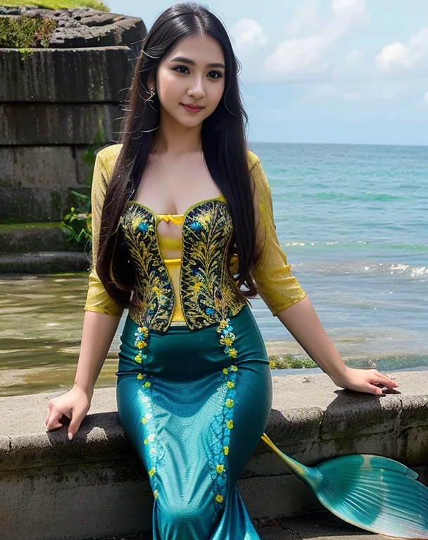 mermaid wear kebaya, mermaid, yellow kebaya, 1girl, long hair, black hair, black eyes, sea, , looking at viewer, cute,