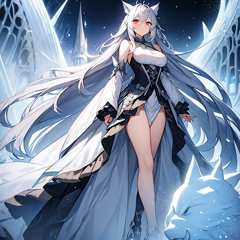 Silver hair long hair、wave、Silver eye、big breasts、lightly armed、lance、Gunplay、Silver costume、solid skirt、Lace tops、Full body figure、（giant silver wolf、Fenrir、night、In the snowy field、white powder snow、）