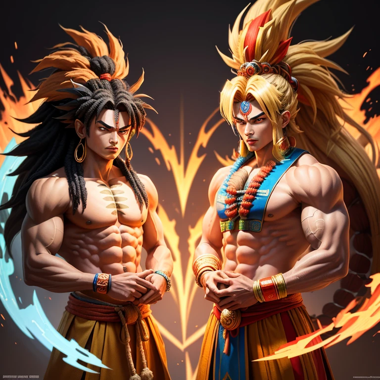 Masterpiece, Best Quality, Aztec Native Goku and Shenlong:
This image showcases a masterpiece of Aztec Native Goku and Shenlong in the highest quality. The best quality of this illustration features an intricately detailed setting, showcasing Goku and Shenlong with ultra-fine textures. The Aztec natives are depicted with their distinct traditional attire, adorned with vibrant colors and intricate patterns that reflect their rich culture. Goku's muscles are shown in extreme detail, with a finely rendered texture that adds depth and realism to the image. The facial expressions of both characters are intricately detailed, capturing the essence of