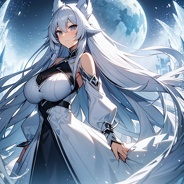 Silver hair long hair、wave、Silver eye、big breasts、lightly armed、lance、Gunplay、Silver costume、solid skirt、Lace tops、Full body figure、(giant silver wolf、Fenrir、night、In the snowy field、white powder snow、)