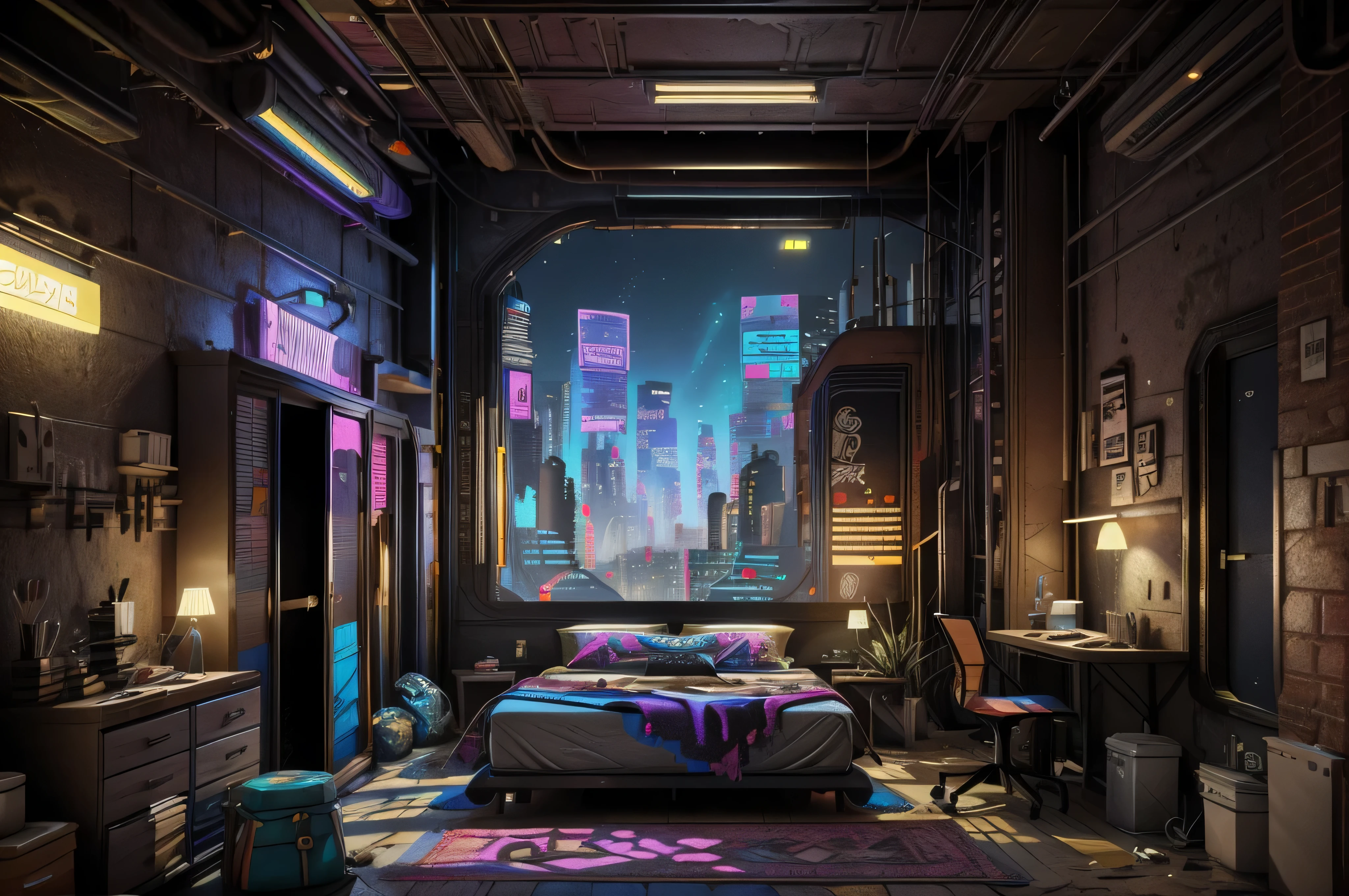 This is a cyberpunk fantasy image. Generate a cozy bedroom surrounded by a cyberpunk city. The bedroom serves as an oasis in the middle of a chaotic cyberpunk city. The bedroom has windows. Through the bedroom's windows the colorful, very detailed, and beautifully complex cyberpunk cityscape is visible. The image should be dynamic and compelling and realistic. (((masterpiece))), (((best quality))), ((ultra-detailed)),(highly detailed CG illustration)