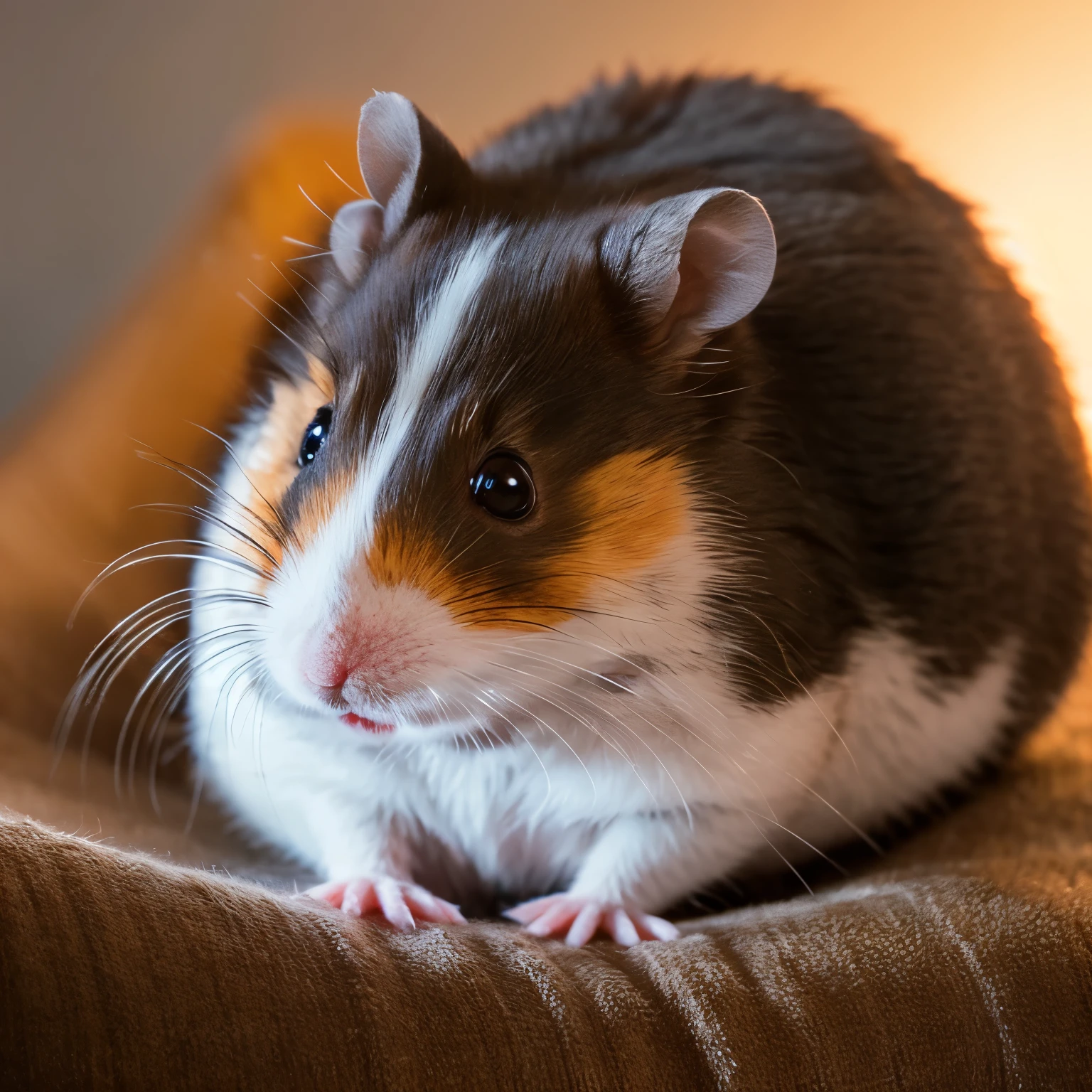 best quality,ultra-detailed,realistic,photography,studio lighting,portrait,hamster,cute detailed furry pet,focused on hamster face and eyes,soft lighting on fur,playful expression,background with natural elements,harmonious color palette,subtle bokeh effects