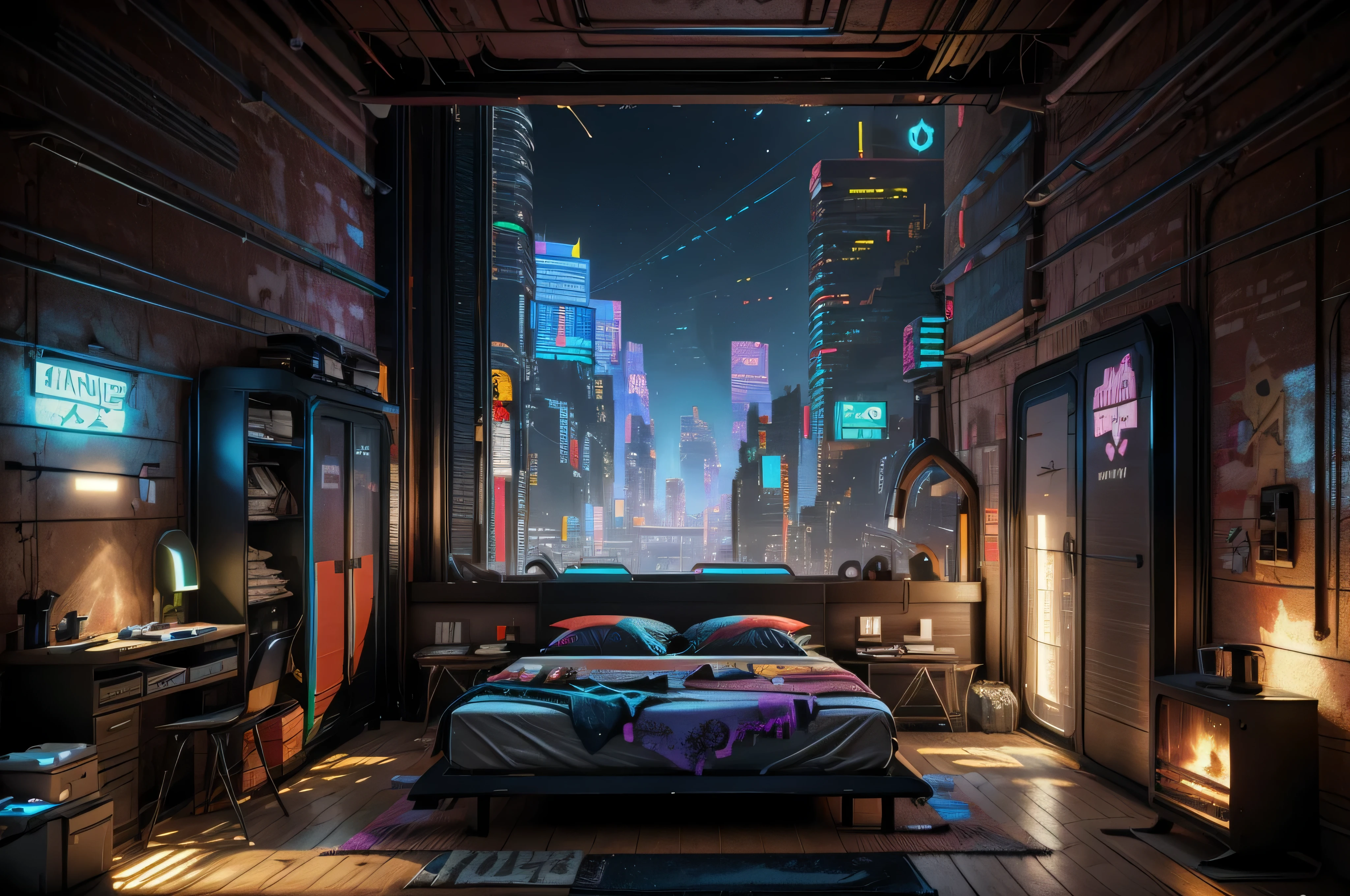 This is a cyberpunk fantasy image. Generate a cozy bedroom surrounded by a cyberpunk city. The bedroom serves as an oasis in the middle of a chaotic cyberpunk city. The bedroom has windows. Through the bedroom's windows the colorful, very detailed, and beautifully complex cyberpunk cityscape is visible. The image should be dynamic and compelling and realistic. (((masterpiece))), (((best quality))), ((ultra-detailed)),(highly detailed CG illustration)