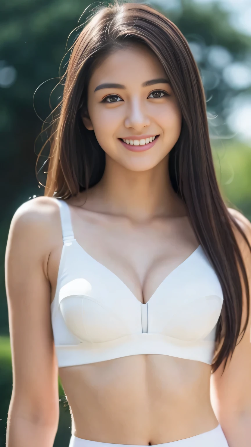 looking at the viewer、The body is facing the viewer、from outside, Lens 135mm f1.8,(Best Quality),(masutepiece:1.1), (Beautiful 14 year old girl),japanaese girl, Cute face, ((flat chest)), (Small breasts), (Chiseled face:0.7), (hitornfreckles:0.6), Cute lips, Dappled sunlight, Dramatic Lighting, (in a school), (((photo from the waist up:1.4)))、((whole body))、Are standing、cowboy shot、(white((sports bra))wore)、detailed face、the abdomen is visible、slim body、shy smile、wearing a navy blue pleated skirt、